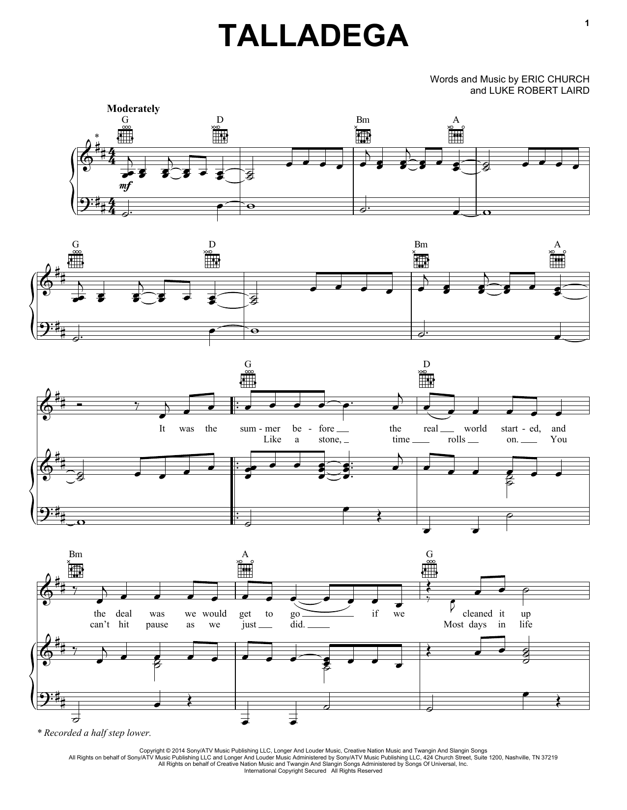 Eric Church Talladega sheet music, chords, lyrics - Printable PDF for Piano, Vocal & Guitar (Right-Hand Melody)