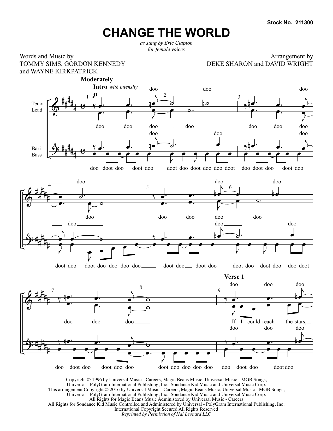 Eric Clapton Change The World (arr. Deke Sharon, David Wright) sheet music, chords, lyrics - Printable PDF for SSAA Choir