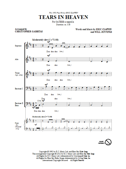 Download Eric Clapton Tears In Heaven (arr. Christopher Gabbitas) sheet music notes and chords for SATB - Download Printable PDF and start playing in minutes.