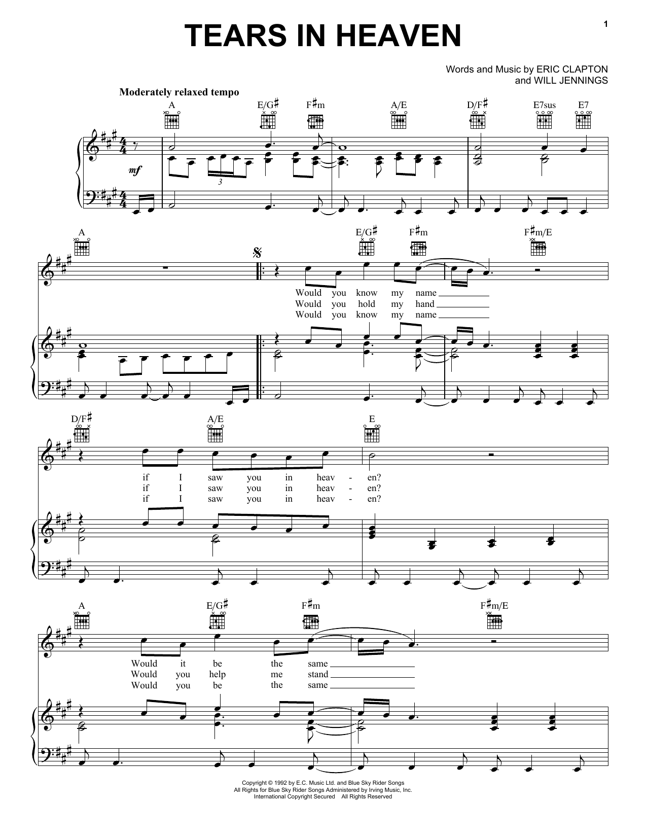 Download Eric Clapton Tears In Heaven sheet music notes and chords for Piano, Vocal & Guitar (Right-Hand Melody) - Download Printable PDF and start playing in minutes.