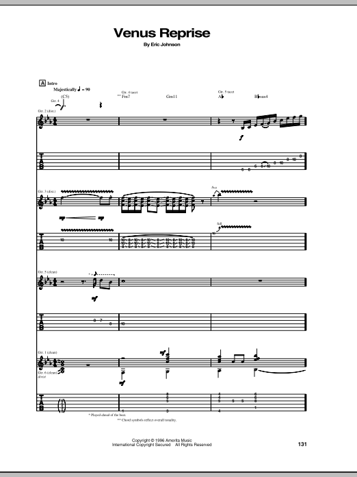 Download Eric Johnson Venus Reprise sheet music notes and chords for Guitar Tab - Download Printable PDF and start playing in minutes.