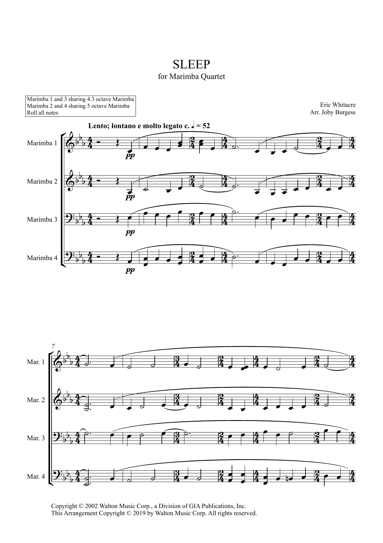 Eric Whitacre Sleep for Marimba Quartet (arr. Joby Burgess) - Full Score sheet music, chords, lyrics - Printable PDF for Percussion Ensemble