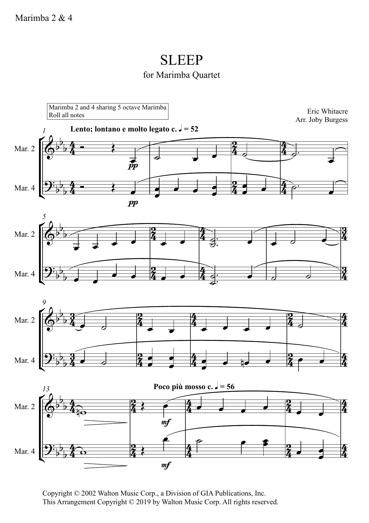 Eric Whitacre Sleep for Marimba Quartet (arr. Joby Burgess) - MARIMBA 2 & 4 sheet music, chords, lyrics - Printable PDF for Percussion Ensemble