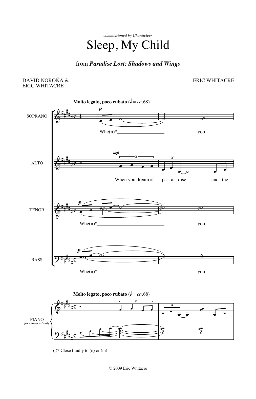 Eric Whitacre Sleep, My Child (from Paradise Lost: Shadows and Wings) sheet music, chords, lyrics - Printable PDF for SATB Choir