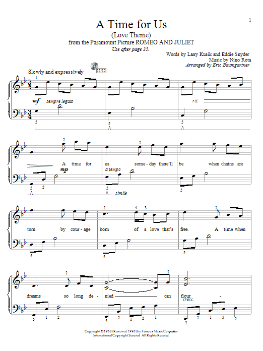 Learn to play Nino Rota A Time For Us (Love Theme from Romeo And Juliet) sheet music for Easy Piano in minutes. Nino Rota A Time For Us (Love Theme from Romeo And Juliet) sheet music preview music notes and score for Easy Piano including 3 page(s)