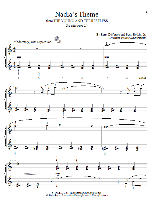 Learn to play Barry DeVorzon & Perry Botkin Jr. Nadia's Theme sheet music for Easy Piano in minutes. Barry DeVorzon & Perry Botkin Jr. Nadia's Theme sheet music preview music notes and score for Easy Piano including 3 page(s)