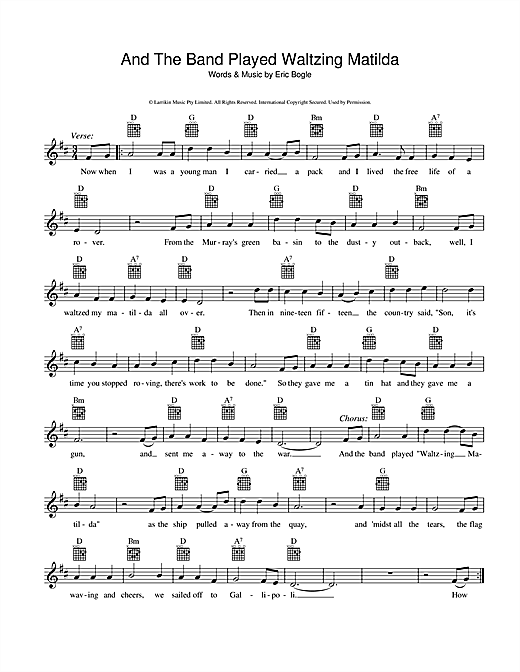 Learn to play Eric Bogle And The Band Played Waltzing Matilda sheet music for Melody Line, Lyrics & Chords in minutes. Eric Bogle And The Band Played Waltzing Matilda sheet music preview music notes and score for Melody Line, Lyrics & Chords including 2 page(s)