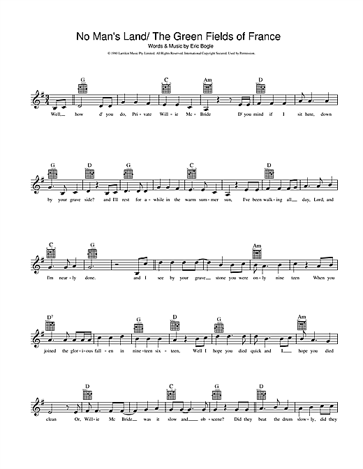 Download Eric Bogle Sheet Music and learn how to play Melody Line, Lyrics & PDF score in minutes