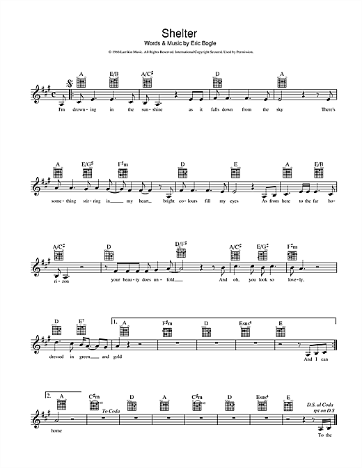 Learn to play Eric Bogle Shelter sheet music for Melody Line, Lyrics & Chords in minutes. Eric Bogle Shelter sheet music preview music notes and score for Melody Line, Lyrics & Chords including 2 page(s)