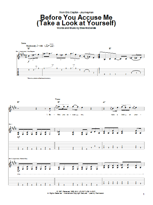 Learn to play Eric Clapton Before You Accuse Me (Take A Look At Yourself) sheet music for Guitar Tab in minutes. Eric Clapton Before You Accuse Me (Take A Look At Yourself) sheet music notes and chords