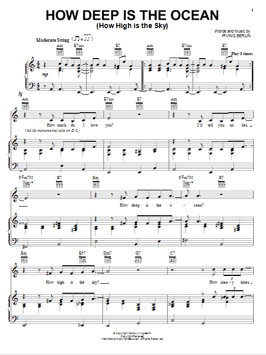 Learn to play Eric Clapton How Deep Is The Ocean (How High Is The Sky) sheet music for Piano, Vocal & Guitar (Right-Hand Melody) in minutes. Eric Clapton How Deep Is The Ocean (How High Is The Sky) sheet music preview music notes and score for Piano, Vocal & Guitar (Right-Hand Melody) including 6 page(s)