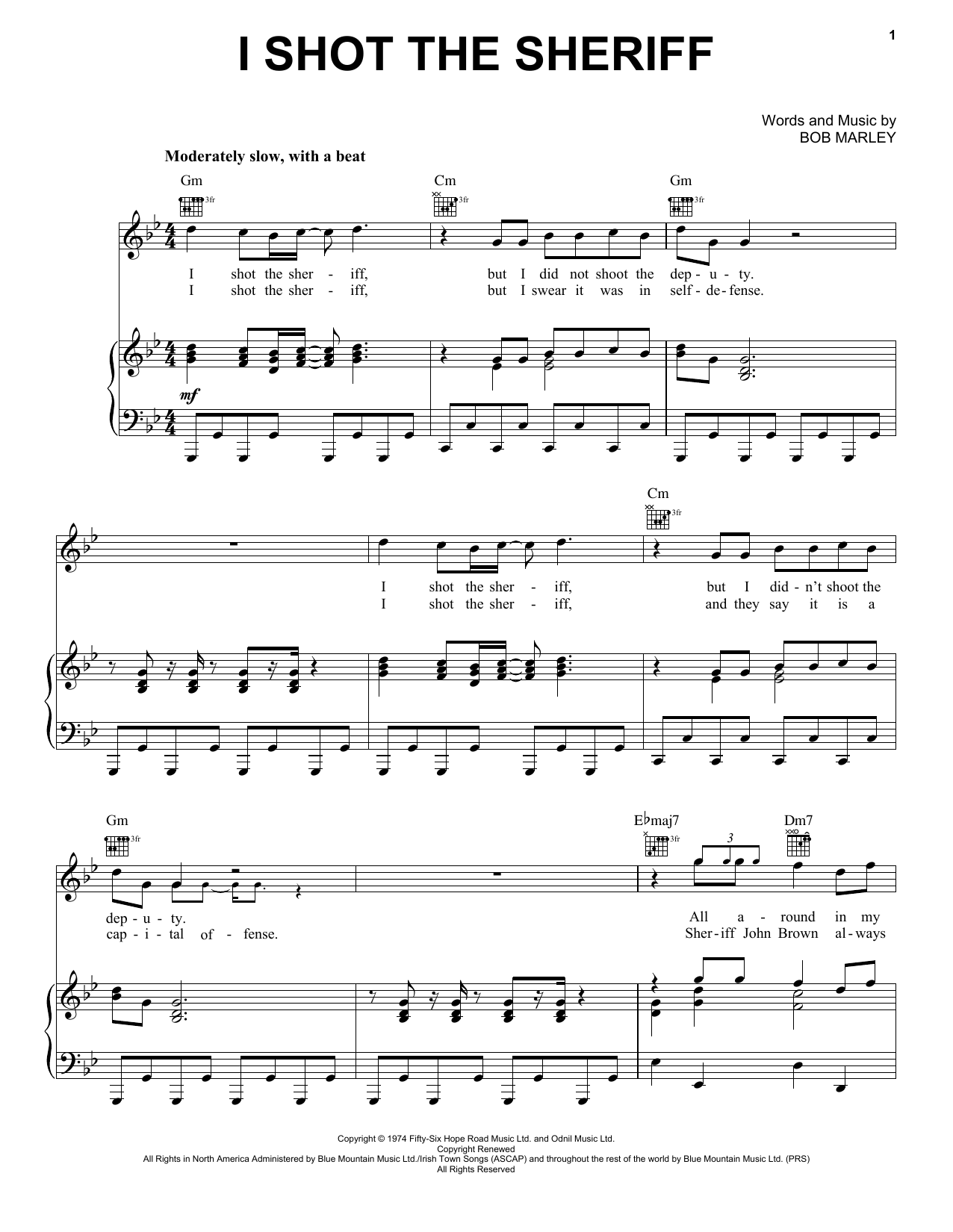 Eric Clapton I Shot The Sheriff sheet music preview music notes and score for Piano, Vocal & Guitar (Right-Hand Melody) including 5 page(s)