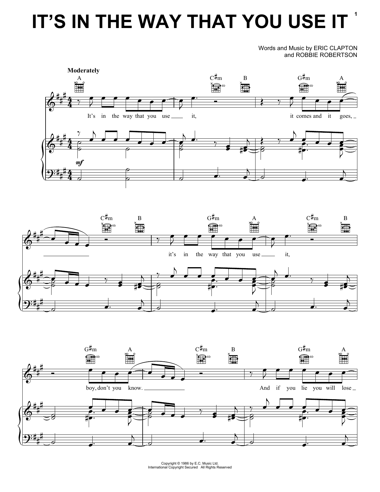 Eric Clapton It's In The Way That You Use It sheet music preview music notes and score for Piano, Vocal & Guitar (Right-Hand Melody) including 5 page(s)