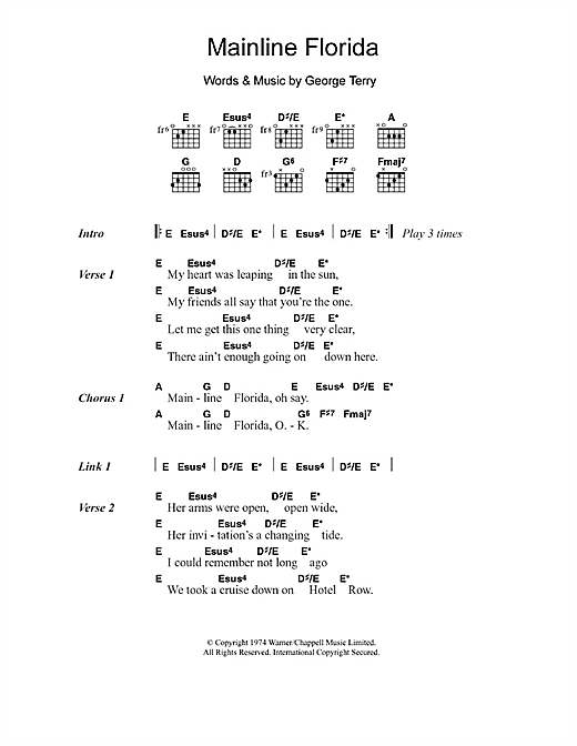 Learn to play Eric Clapton Mainline Florida sheet music for Lyrics & Chords in minutes. Eric Clapton Mainline Florida sheet music notes and chords