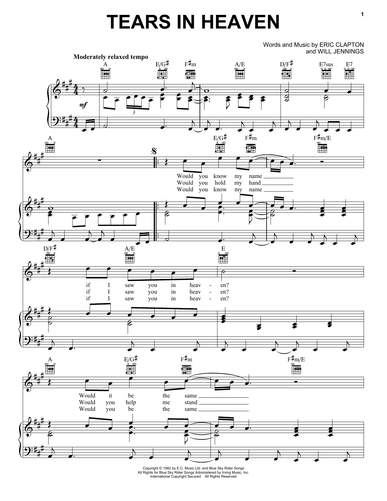 Eric Clapton Tears In Heaven sheet music preview music notes and score for Piano (Big Notes) including 6 page(s)