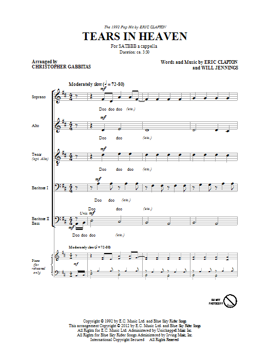 Learn to play Eric Clapton Tears In Heaven (arr. Christopher Gabbitas) sheet music for SATB in minutes. Eric Clapton Tears In Heaven (arr. Christopher Gabbitas) sheet music preview music notes and score for SATB including 11 page(s)