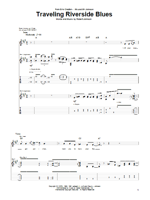 Learn to play Eric Clapton Traveling Riverside Blues sheet music for Guitar Tab in minutes. Eric Clapton Traveling Riverside Blues sheet music preview music notes and score for Guitar Tab including 6 page(s)
