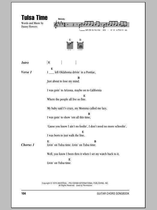 Eric Clapton Tulsa Time sheet music preview music notes and score for Guitar Tab including 9 page(s)