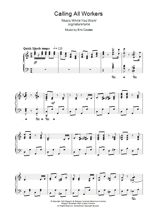 Learn to play Eric Coates Calling All Workers sheet music for Piano in minutes. Eric Coates Calling All Workers sheet music preview music notes and score for Piano including 4 page(s)