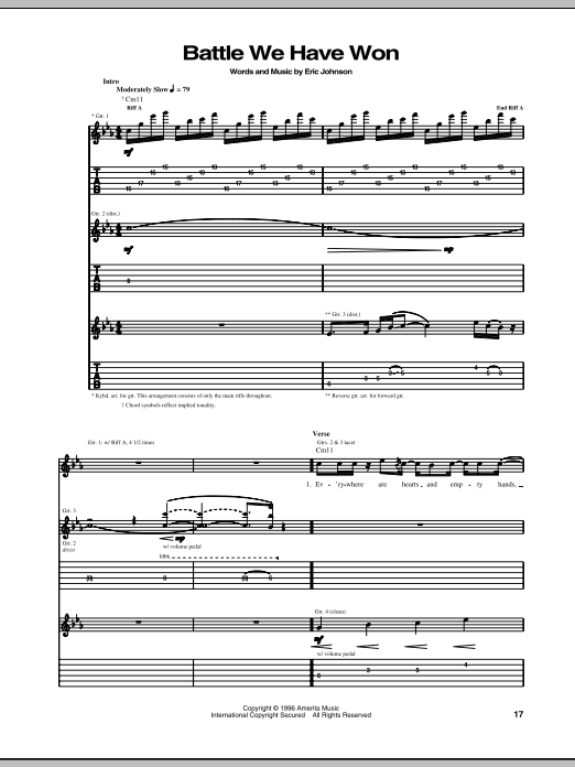 Learn to play Eric Johnson Battle We Have Won sheet music for Guitar Tab in minutes. Eric Johnson Battle We Have Won sheet music preview music notes and score for Guitar Tab including 16 page(s)