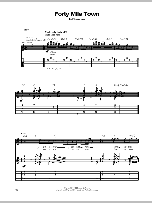 Learn to play Eric Johnson Forty Mile Town sheet music for Guitar Tab in minutes. Eric Johnson Forty Mile Town sheet music preview music notes and score for Guitar Tab including 7 page(s)