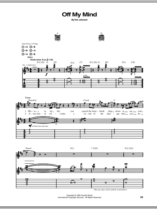 Learn to play Eric Johnson Off My Mind sheet music for Guitar Tab in minutes. Eric Johnson Off My Mind sheet music preview music notes and score for Guitar Tab including 8 page(s)