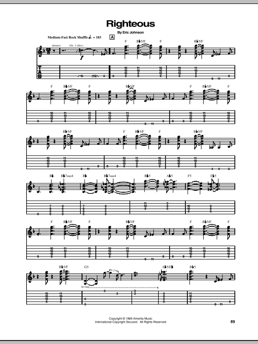 Eric Johnson Righteous sheet music preview music notes and score for Guitar Tab including 7 page(s)
