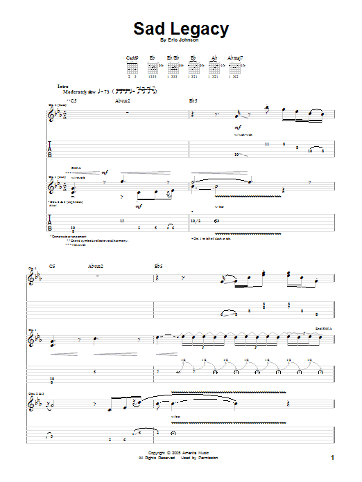 Learn to play Eric Johnson Sad Legacy sheet music for Guitar Tab in minutes. Eric Johnson Sad Legacy sheet music preview music notes and score for Guitar Tab including 18 page(s)