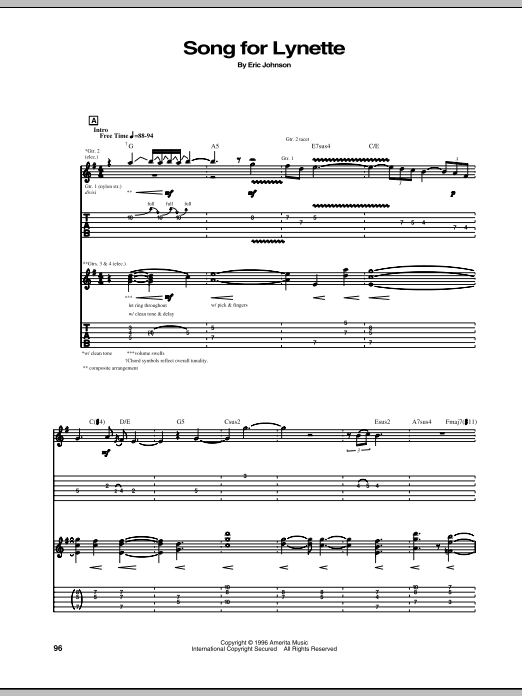 Learn to play Eric Johnson Song For Lynette sheet music for Guitar Tab in minutes. Eric Johnson Song For Lynette sheet music preview music notes and score for Guitar Tab including 3 page(s)