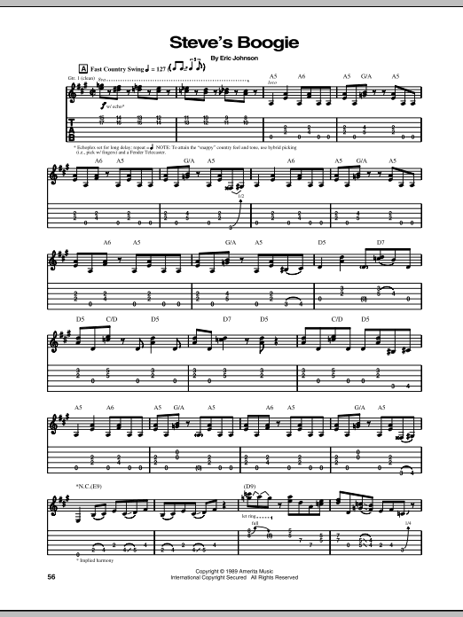 Learn to play Eric Johnson Steve's Boogie sheet music for Guitar Tab in minutes. Eric Johnson Steve's Boogie sheet music preview music notes and score for Guitar Tab including 7 page(s)