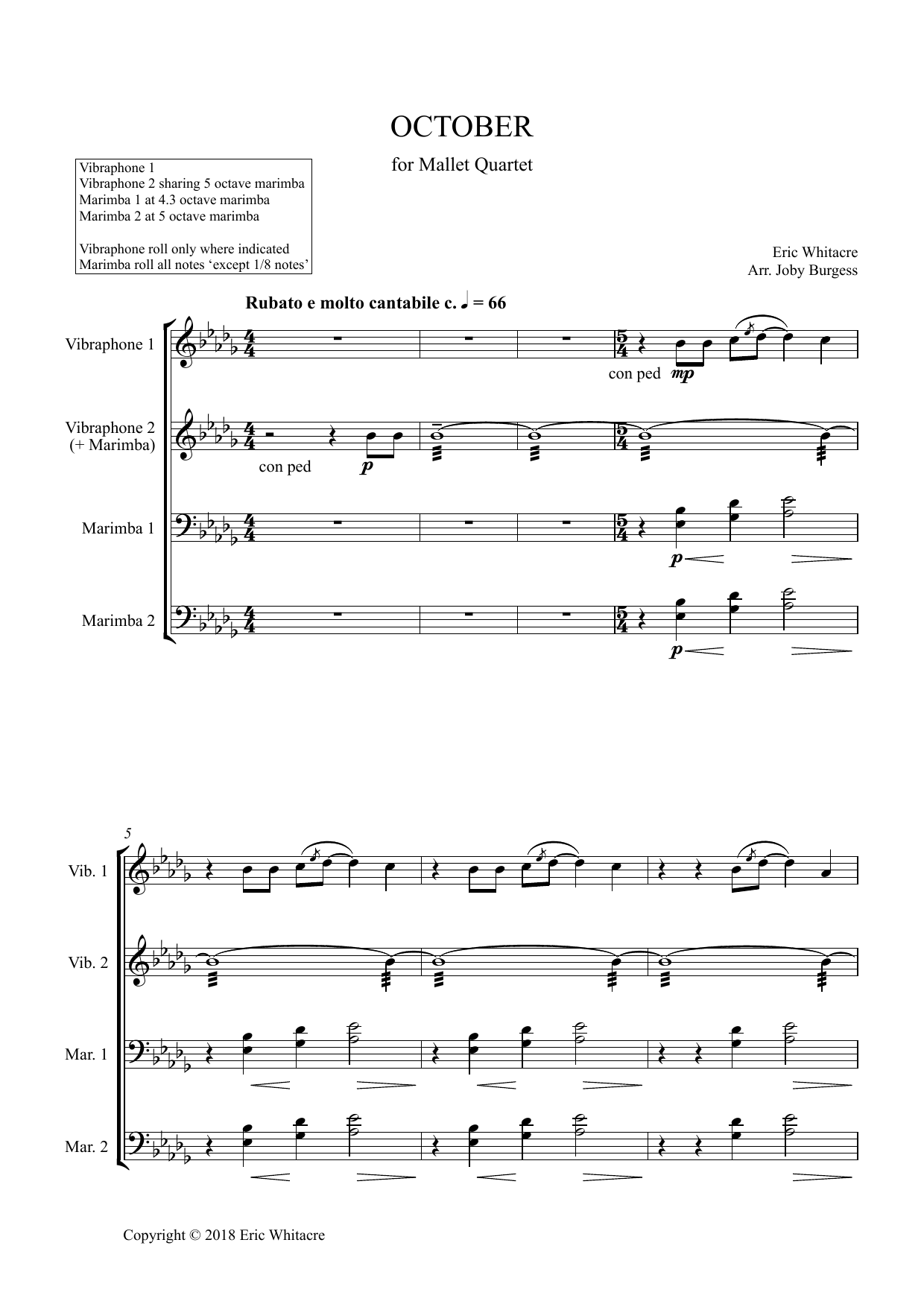 Learn to play Eric Whitacre October (Alleluia) for Mallet Quartet (arr. Joby Burgess) - Full Score sheet music for Percussion Ensemble in minutes. Eric Whitacre October (Alleluia) for Mallet Quartet (arr. Joby Burgess) - Full Score sheet music preview music notes and score for Percussion Ensemble including 11 page(s)