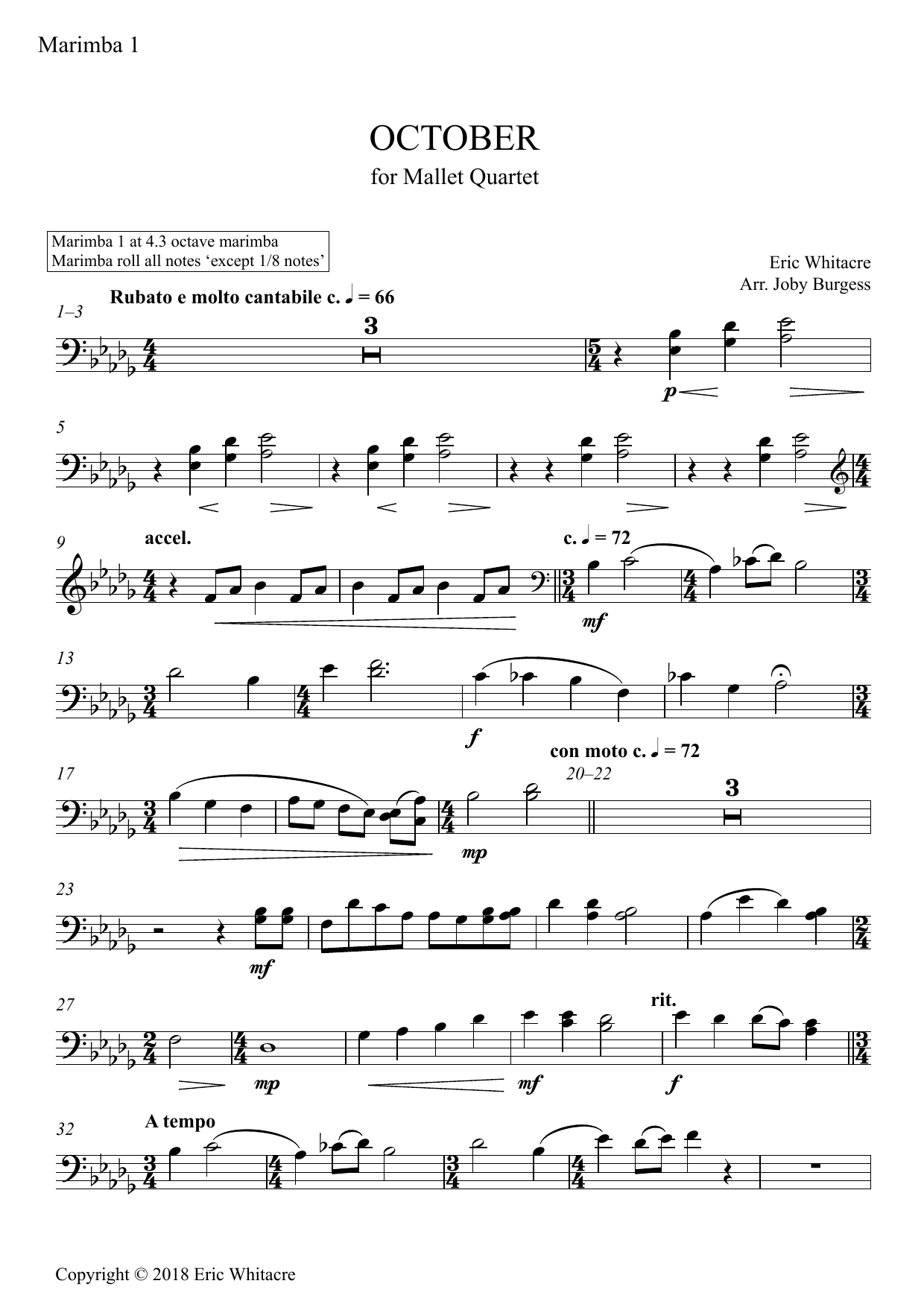 Learn to play Eric Whitacre October (Alleluia) for Mallet Quartet (arr. Joby Burgess) - Marimba 1 sheet music for Percussion Ensemble in minutes. Eric Whitacre October (Alleluia) for Mallet Quartet (arr. Joby Burgess) - Marimba 1 sheet music preview music notes and score for Percussion Ensemble including 3 page(s)