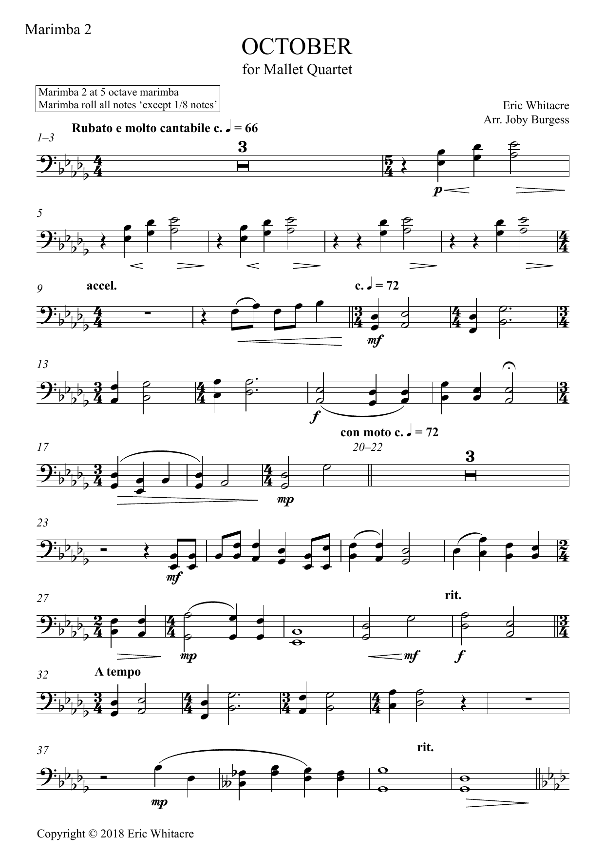 Learn to play Eric Whitacre October (Alleluia) for Mallet Quartet (arr. Joby Burgess) - Marimba 2 sheet music for Percussion Ensemble in minutes. Eric Whitacre October (Alleluia) for Mallet Quartet (arr. Joby Burgess) - Marimba 2 sheet music preview music notes and score for Percussion Ensemble including 3 page(s)