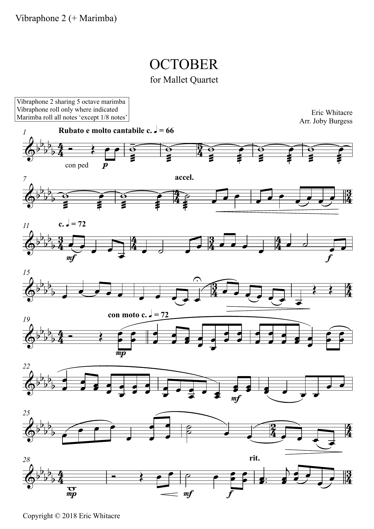 Learn to play Eric Whitacre October (Alleluia) for Mallet Quartet (arr. Joby Burgess) - VIBRAPHONE 2 SHARE MARIMBA 2 sheet music for Percussion Ensemble in minutes. Eric Whitacre October (Alleluia) for Mallet Quartet (arr. Joby Burgess) - VIBRAPHONE 2 SHARE MARIMBA 2 sheet music preview music notes and score for Percussion Ensemble including 3 page(s)