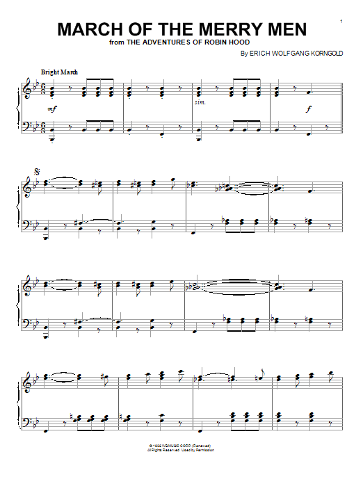Learn to play Erich Wolfgang Korngold March Of The Merry Men sheet music for Piano in minutes. Erich Wolfgang Korngold March Of The Merry Men sheet music preview music notes and score for Piano including 4 page(s)