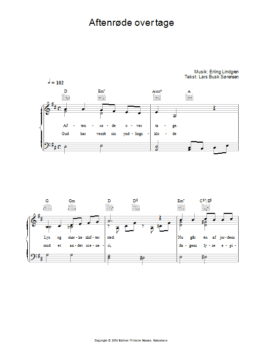 Erling Lindgren Aftenrøde Over Tage sheet music, chords, lyrics - Printable PDF for Piano, Vocal & Guitar (Right-Hand Melody)