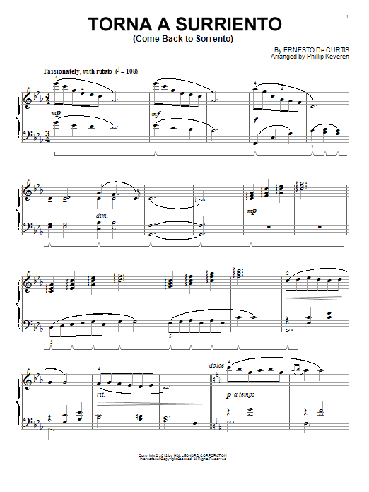 Learn to play Ernesto de Curtis Come Back To Sorrento sheet music for Piano in minutes. Ernesto de Curtis Come Back To Sorrento sheet music preview music notes and score for Piano including 2 page(s)