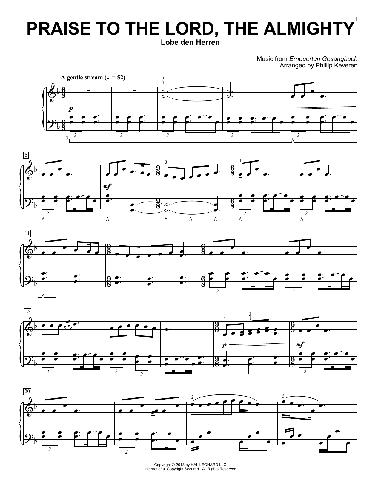 Erneuerten Gesangbuch Praise To The Lord, The Almighty (arr. Phillip Keveren) sheet music, chords, lyrics - Printable PDF for Piano