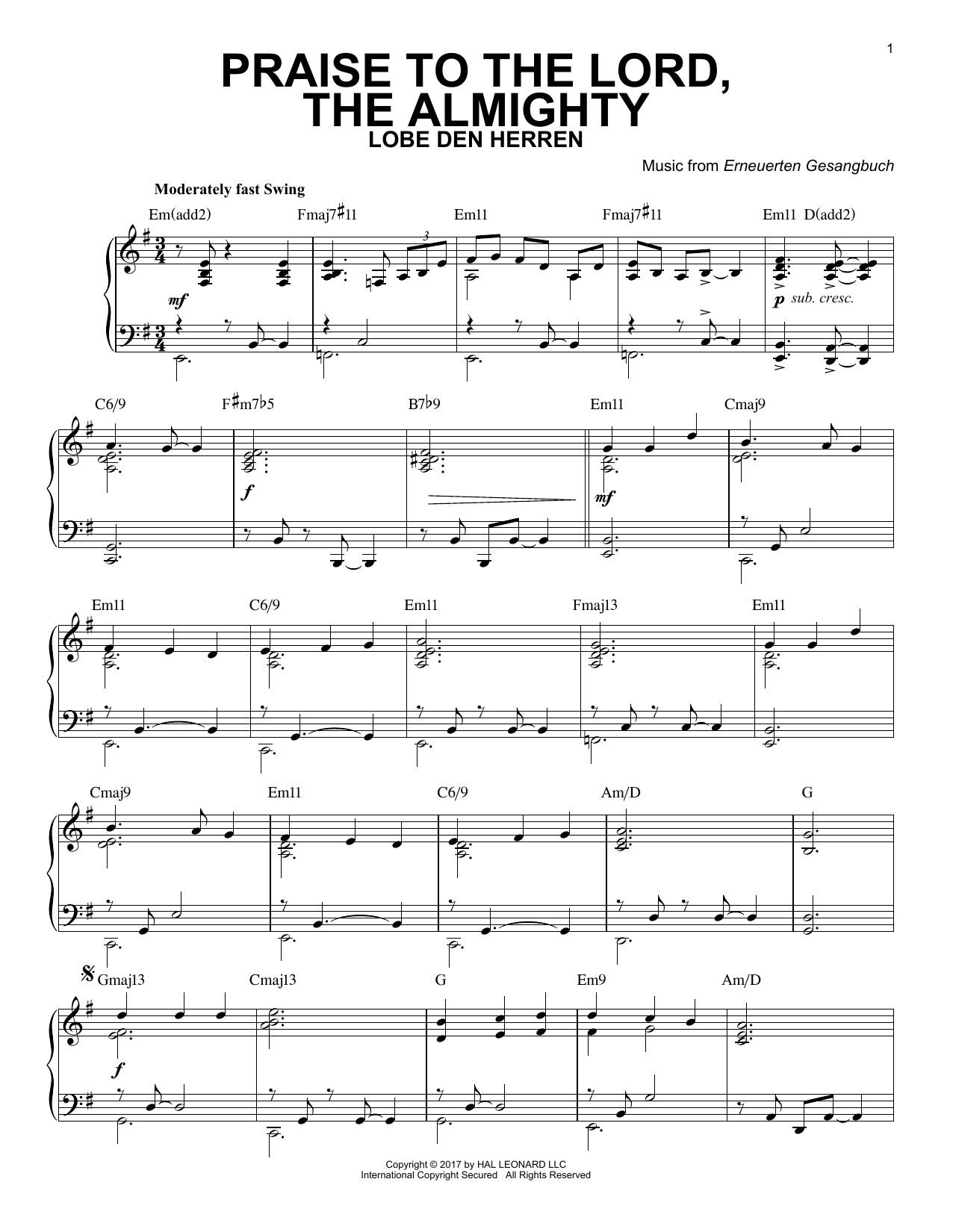 Erneuerten Gesangbuch Praise To The Lord, The Almighty sheet music, chords, lyrics - Printable PDF for Piano