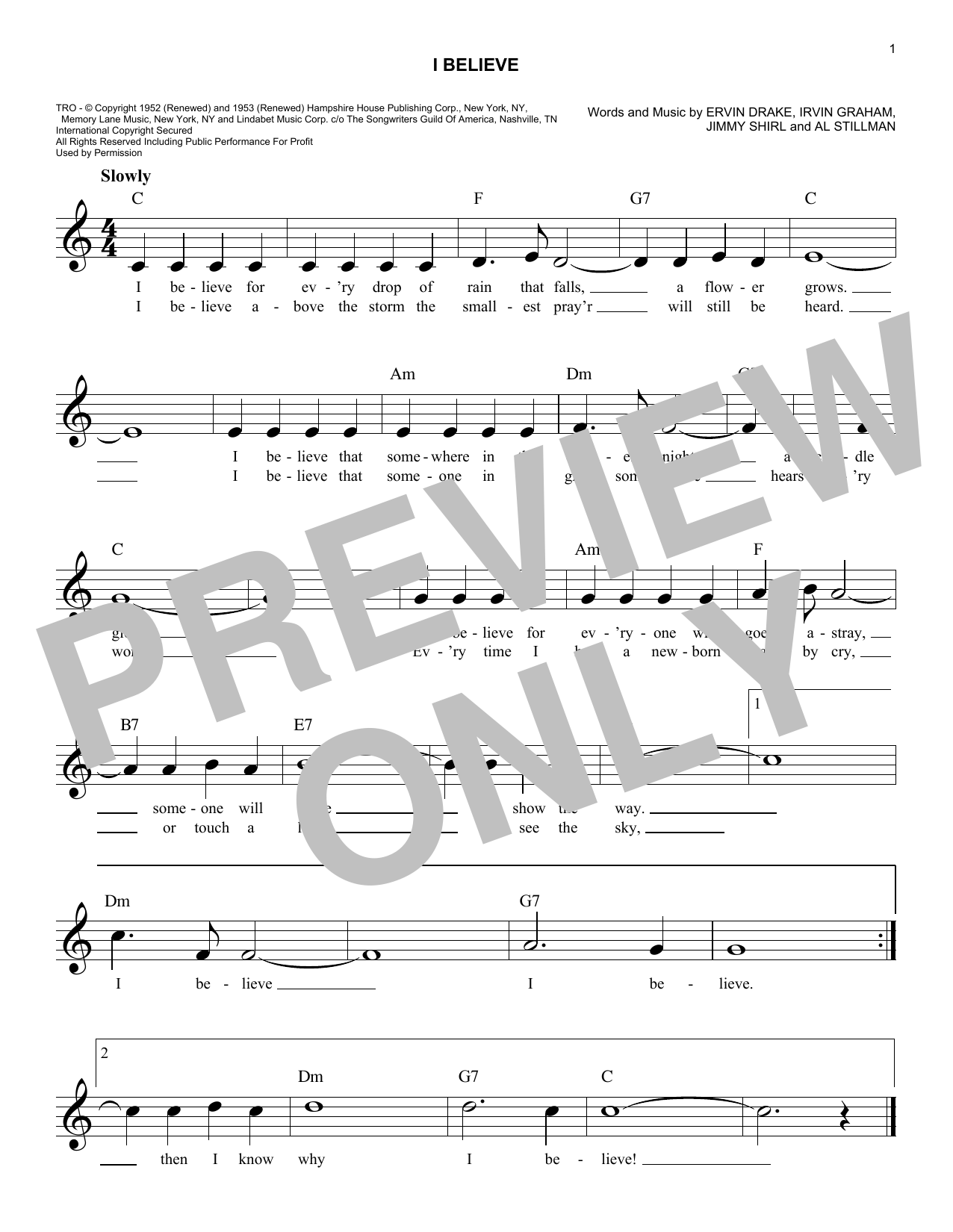 Ervin Drake, Irvin Graham, Jimmy Shirl and Al Stillman I Believe sheet music, chords, lyrics - Printable PDF for Lead Sheet / Fake Book