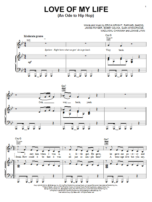 Erykah Badu Love Of My Life (An Ode To Hip Hop) sheet music preview music notes and score for Piano, Vocal & Guitar (Right-Hand Melody) including 5 page(s)