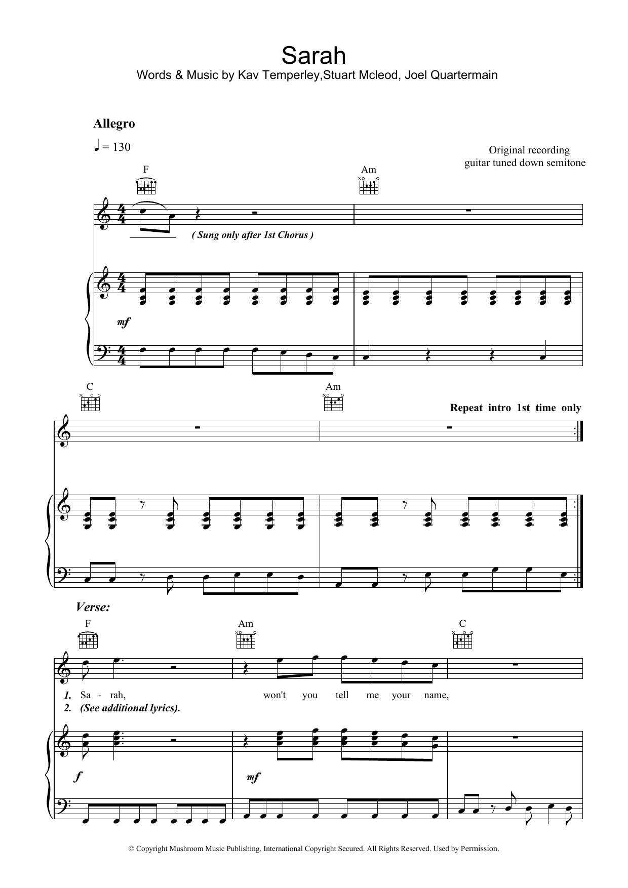 Eskimo Joe Sarah sheet music preview music notes and score for Piano, Vocal & Guitar (Right-Hand Melody) including 6 page(s)