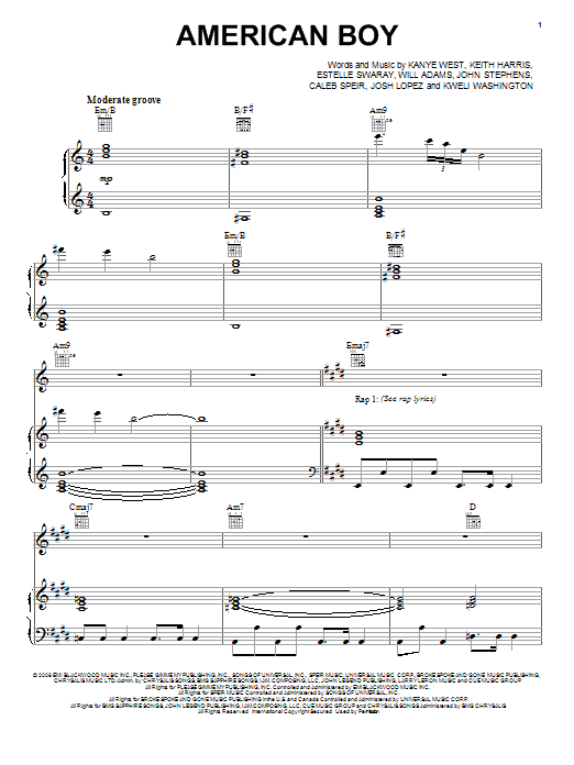 Estelle American Boy (feat. Kanye West) sheet music preview music notes and score for Piano, Vocal & Guitar (Right-Hand Melody) including 10 page(s)