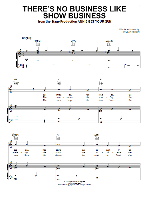 Learn to play Ethel Merman There's No Business Like Show Business sheet music for Piano, Vocal & Guitar (Right-Hand Melody) in minutes. Ethel Merman There's No Business Like Show Business sheet music preview music notes and score for Piano, Vocal & Guitar (Right-Hand Melody) including 6 page(s)
