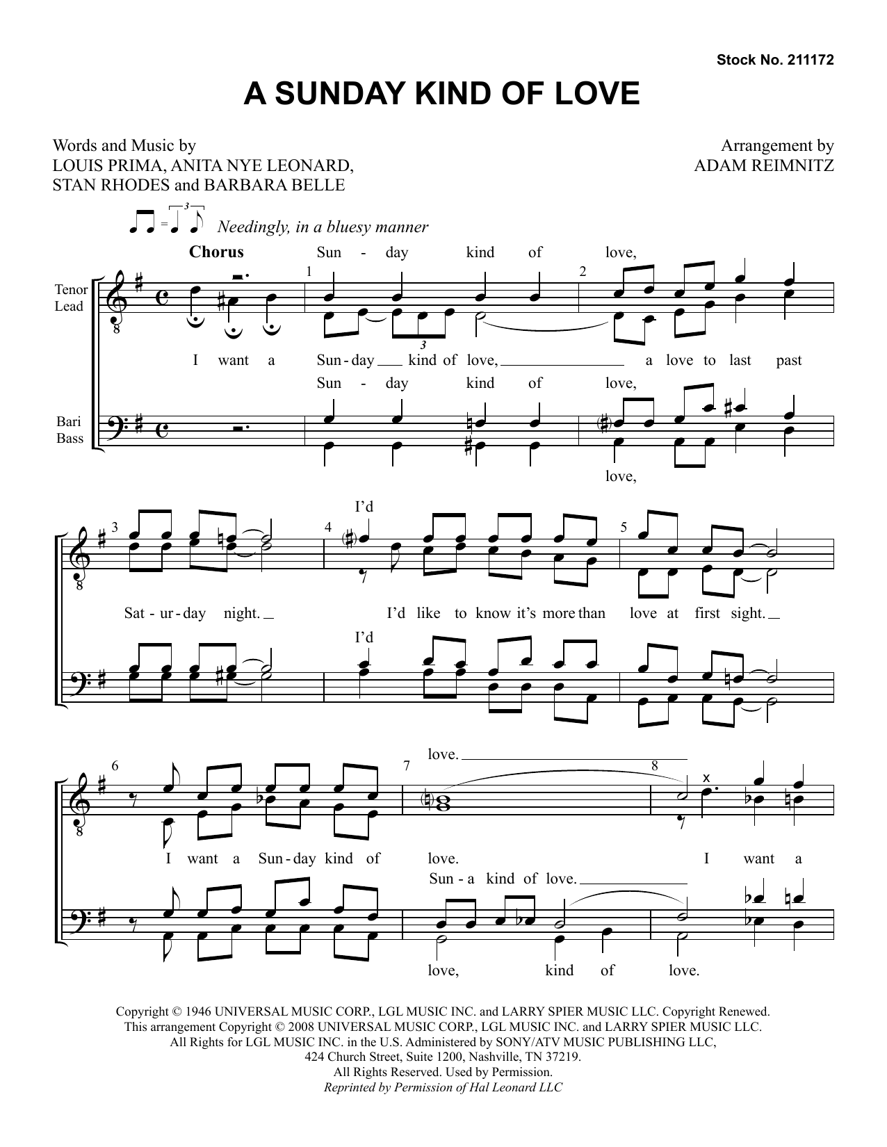 Learn to play Etta James A Sunday Kind of Love (arr. Adam Reimnitz) sheet music for TTBB Choir in minutes. Etta James A Sunday Kind of Love (arr. Adam Reimnitz) sheet music preview music notes and score for TTBB Choir including 6 page(s)