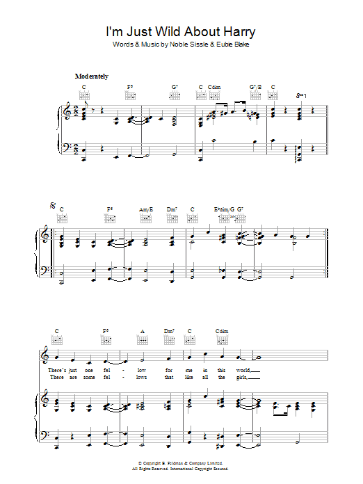 Eubie Blake I'm Just Wild About Harry sheet music preview music notes and score for Piano, Vocal & Guitar (Right-Hand Melody) including 5 page(s)