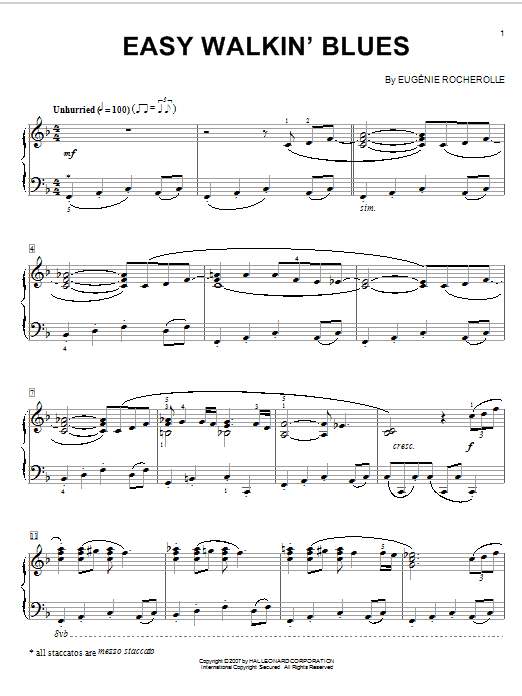 Learn to play Eugenie Rocherolle Easy Walkin' Blues sheet music for Piano in minutes. Eugenie Rocherolle Easy Walkin' Blues sheet music preview music notes and score for Piano including 2 page(s)