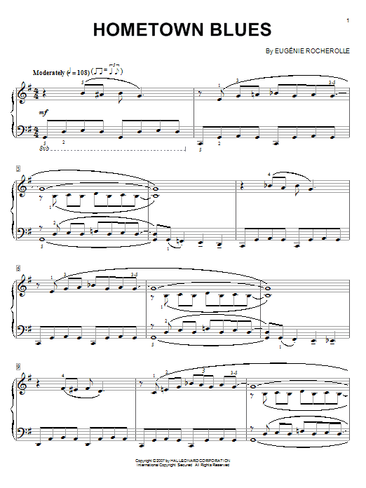 Learn to play Eugenie Rocherolle Hometown Blues sheet music for Piano in minutes. Eugenie Rocherolle Hometown Blues sheet music preview music notes and score for Piano including 2 page(s)