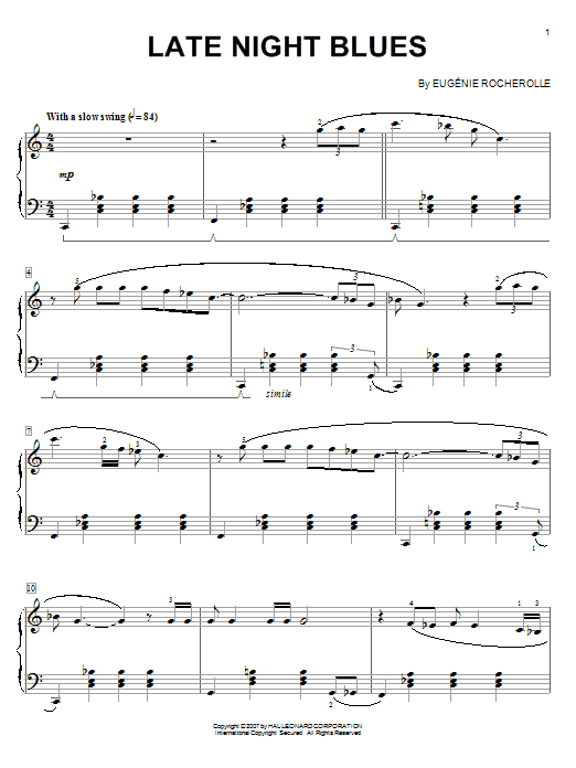 Learn to play Eugenie Rocherolle Late Night Blues sheet music for Piano in minutes. Eugenie Rocherolle Late Night Blues sheet music preview music notes and score for Piano including 3 page(s)