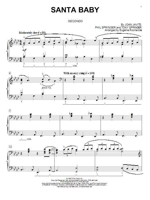 Learn to play Eugenie Rocherolle Santa Baby sheet music for Piano Duet in minutes. Eugenie Rocherolle Santa Baby sheet music preview music notes and score for Piano Duet including 6 page(s)